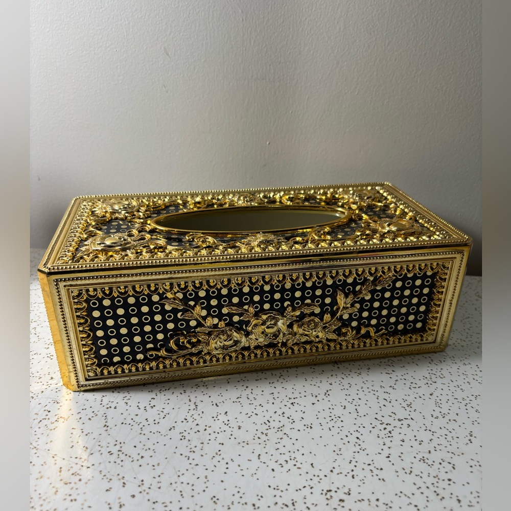 Vintage gold tone fancy Hollywood regency MCM plastic tissue Kleenex cover
